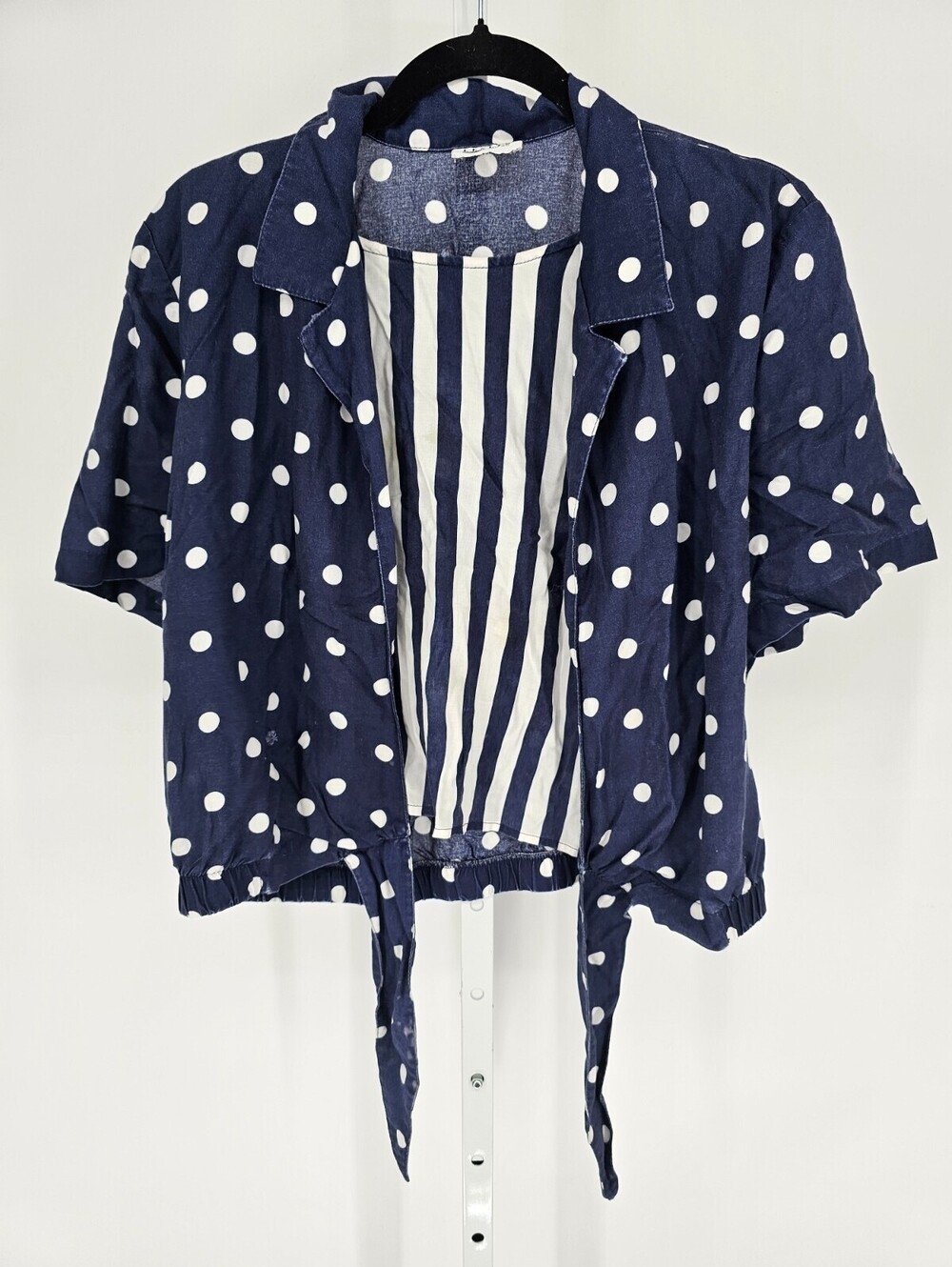 Vtg 1980s Leslie Fay Womens Sz M Short Sleeve Blouse Blue White Dot Striped
